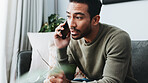 Phone call, listening and man on sofa in home for communication, social networking and chatting. Living room, house and frustrated person on smartphone for contact, online conversation and connection