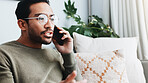 Phone call, talking and man on sofa in home for communication, social networking and chatting. Living room, house and frustrated person on smartphone for contact, online conversation and connection