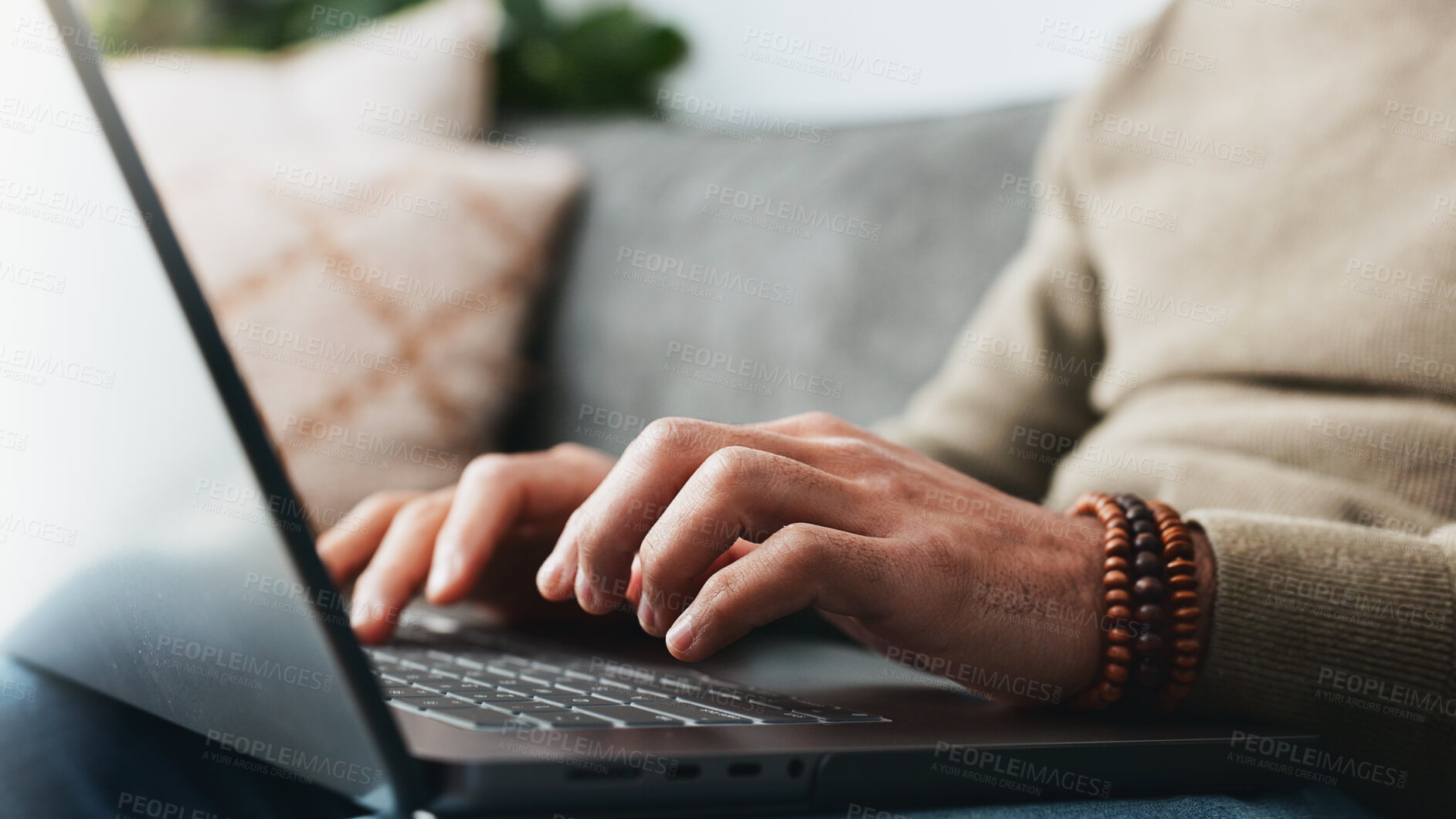 Buy stock photo Laptop, typing and relax with hands of man on sofa for search, social media and blog post. Networking, email and update with closeup of person in living room at home for chat forum, digital or online