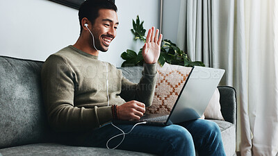 Buy stock photo Wave, video call and laptop with man on sofa for freelancer, networking and welcome. Greeting, communication and remote worker with person in living room of home for small business and streaming