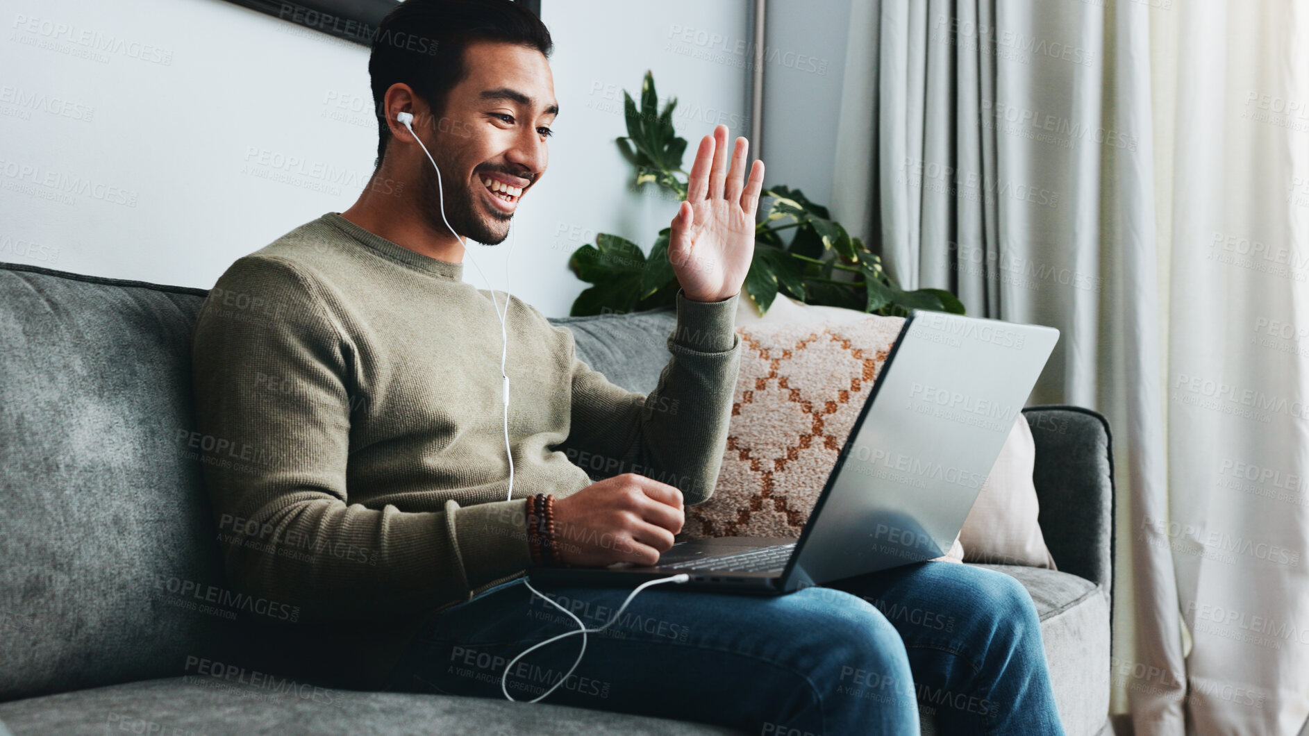 Buy stock photo Wave, video call and laptop with man on sofa for freelancer, networking and welcome. Greeting, communication and remote worker with person in living room of home for small business and streaming