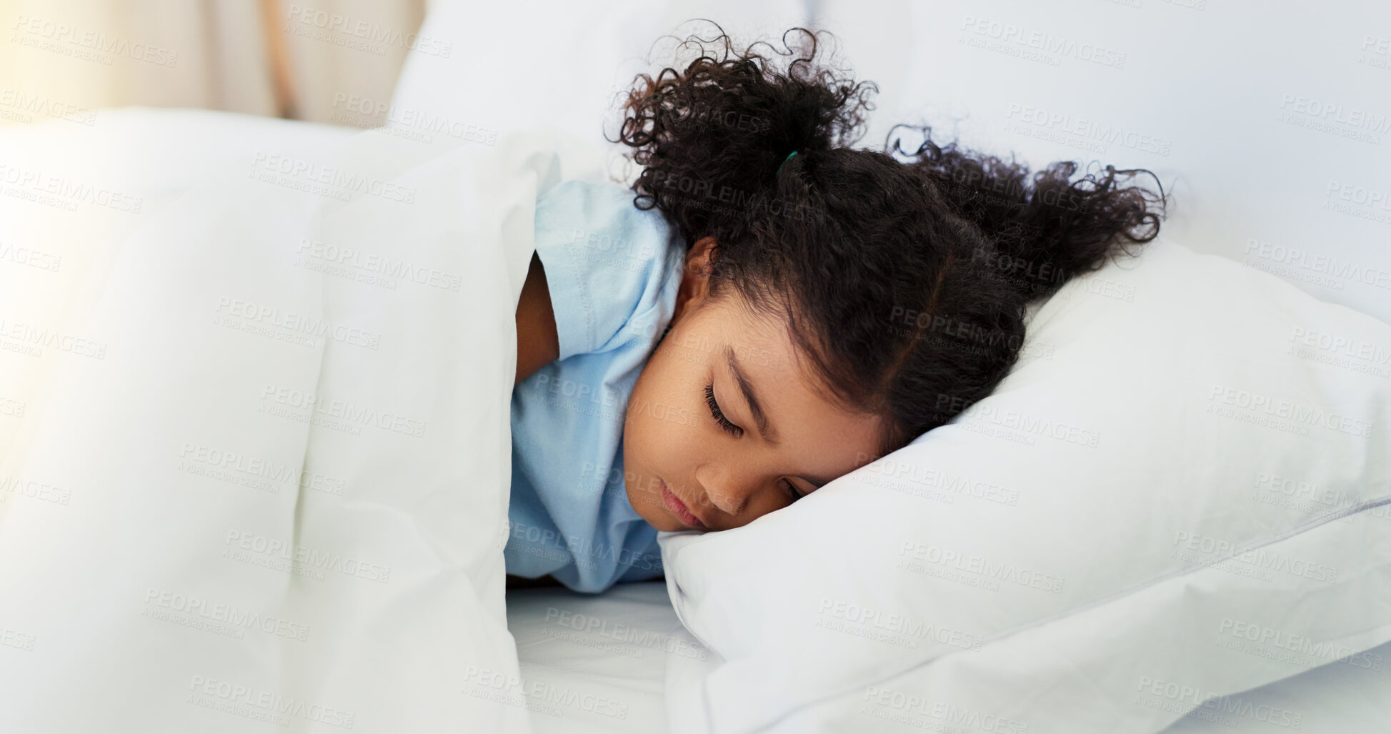 Buy stock photo Sleeping, relax and pillow with girl in bedroom for growth, child development and dreaming. Calm, tired and peace with kid and resting in bed at home for fatigue, comfortable and napping in morning