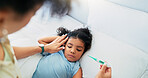 Virus, thermometer and parent with child in bedroom for healthcare, sick and fever check. Illness, temperature and influenza symptoms with girl in family home for disease, infection and bacteria