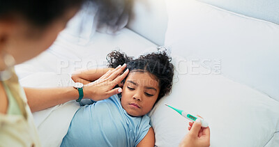 Buy stock photo Virus, thermometer and parent with child in bedroom for healthcare, sick and fever check. Illness, temperature and influenza symptoms with girl in family home for disease, infection and bacteria