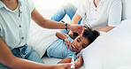 Worry, thermometer and parents with child in bedroom for healthcare, sick and fever check. Illness, temperature and influenza symptoms with girl in family home for disease, infection and bacteria