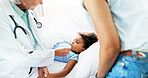 Doctor, thermometer and parent with child in bedroom for healthcare, sick and fever check. Illness, temperature and influenza symptoms with girl in family home for disease, infection and pediatrician