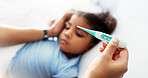 Care, thermometer and parent with child in bedroom for healthcare, sick and virus check. Illness, temperature and influenza symptoms with girl in family home for disease, infection and bacteria