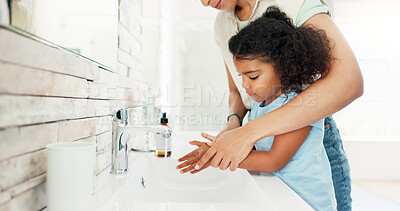 Buy stock photo Washing hands, child and teaching with soap, faucet and helping with hygiene, care and bacteria in home. Mother, kid and cleaning with liquid, water or routine for wellness in morning at family house