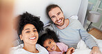 Parents, girl and selfie in bed, smile and portrait with care, memory and post on web in morning at house. Man, woman and happy with photography, bonding and social media in interracial family home