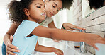 Girl, mom and child washing mouth for hygiene, morning routine or teaching healthy oral habits in home. Parent, basin or kid learning dental cleaning in bathroom with toothpaste, mother and care