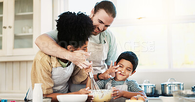 Buy stock photo Morning, baking and family with ingredients, home and teaching recipe to child in kitchen or bonding. Learning, kid and preparing cake with parents, people and together with dessert in apartment