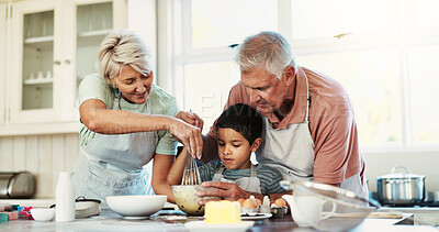Buy stock photo Home, grandparents and baking in kitchen, boy and ingredients with recipe, child development and help. Family, old woman or senior man with preparation, teaching and cooking with love and learning