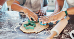 Hands, kitchen and child with parents, baking and helping kid with ingredients, bonding and together. Table, growth and development of fine motor skills for youth, people and cake for boy in home