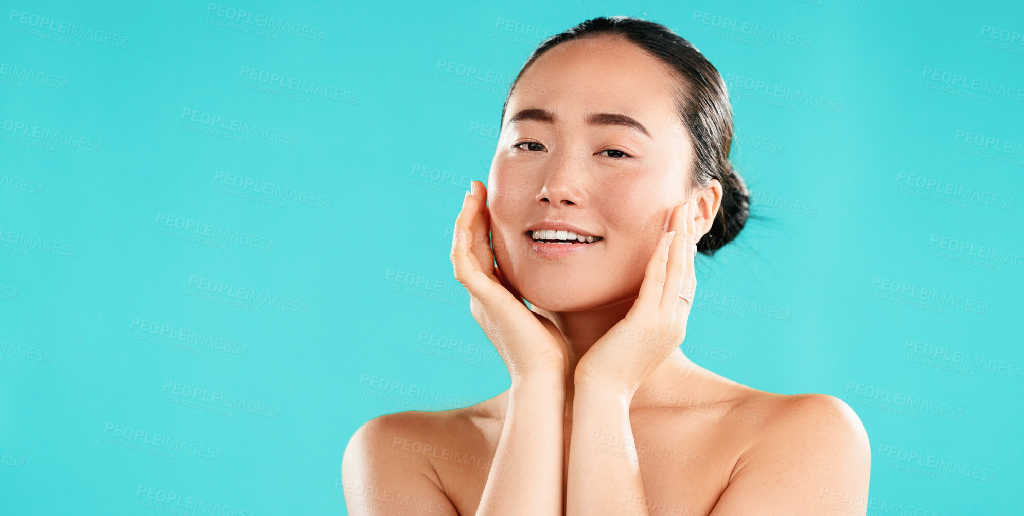 Buy stock photo Space, skincare and portrait of Asian woman in studio for wellness, cosmetics and facial treatment. Dermatology, beauty mockup and person for healthy skin, salon and spa benefits on blue background