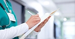 Nurse, hands and writing in folder at hospital for patient history, medical records and healthcare checklist. Doctor, medicine and person with health documents in clinic for compliance report or form