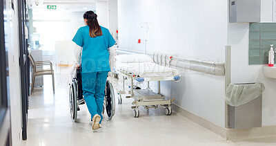 Buy stock photo Back, patient and nurse with wheelchair for healthcare, consultation or assistance for wellness. Caregiver, push and person with disability, surgery recovery or rehabilitation for help in clinic