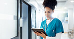 Check, woman or doctor on tablet for cardiology results, medical update or appointment booking online. Surgeon, research or cardiologist with touchscreen for report, hospital schedule or healthcare
