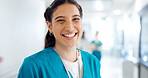 Smile, woman and portrait of nurse in hospital with confidence for healthcare career. Happy, pride and face of professional female medical worker in hallway for nursing job with help in clinic.
