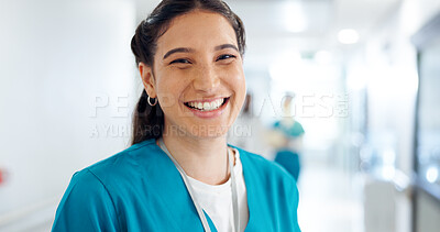 Buy stock photo Smile, woman and portrait of nurse in hospital with confidence for healthcare career. Happy, pride and face of professional female medical worker in hallway for nursing job with help in clinic.