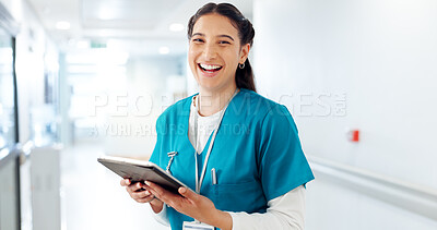 Buy stock photo Portrait, happy woman or nurse on tablet in hallway for schedule, wellness research or healthcare checklist. Hospital, lobby or surgeon with touchscreen for online app, medical test results or report