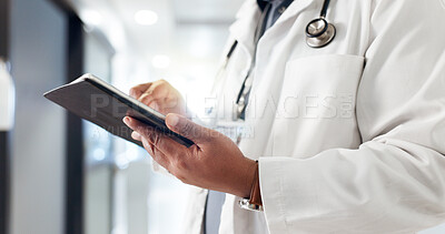 Buy stock photo Hands, man or doctor on tablet in hospital for schedule, cardiology research or healthcare checklist. Clinic, lobby or cardiologist with touchscreen for online info, medical test results or report