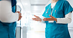 Hospital, discussion and hands of nurses in hallway for consulting, patient results and meeting. Healthcare, collaboration and closeup of people for medical service, diagnosis and help in clinic