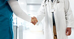 People, closeup or doctors shaking hands for hiring opportunity, good job or meeting. Onboarding agreement, congratulations or healthcare worker with manager for medical help, results or teamwork