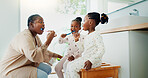 Home, brushing teeth and mother with girls, learning in bathroom and morning routine. Black family, parent and mama with daughters, cleaning mouth and fresh breath with hygiene and child development