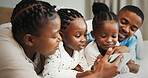 Black family, tablet and relax in bedroom in home, streaming movie or watch cartoon with parents. Mother, father and kids with digital technology for bonding, show or storytelling with ebook online