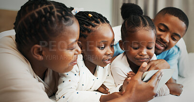 Buy stock photo Black family, tablet and relax in bedroom in home, streaming movie or watch cartoon with parents. Mother, father and kids with digital technology for bonding, show or storytelling with ebook online