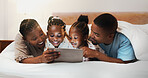 Happy African family, tablet and relax in bedroom in home, streaming movie or watch cartoon with parents. Mother, father and kids with digital technology for bonding, show or storytelling with ebook