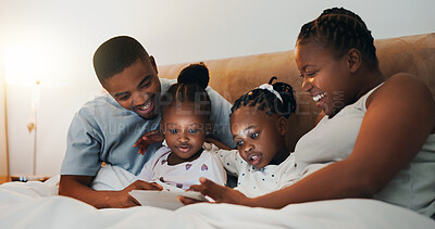 Buy stock photo African family, tablet and happy parents with kids in bedroom, streaming movie or watch cartoon in home. Mother, father and children with technology for relax, show or storytelling with ebook online