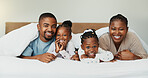 Relax, smile and portrait with black family in bedroom for bonding, support and trust. Happiness, morning and wake up with parents and children at home for love, care and connection together
