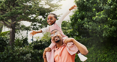 Buy stock photo Outdoor, black family and father with kid for carry, playful and bonding together with connection. Nature, dad and girl on shoulders for airplane game, childhood and freedom with happiness in park