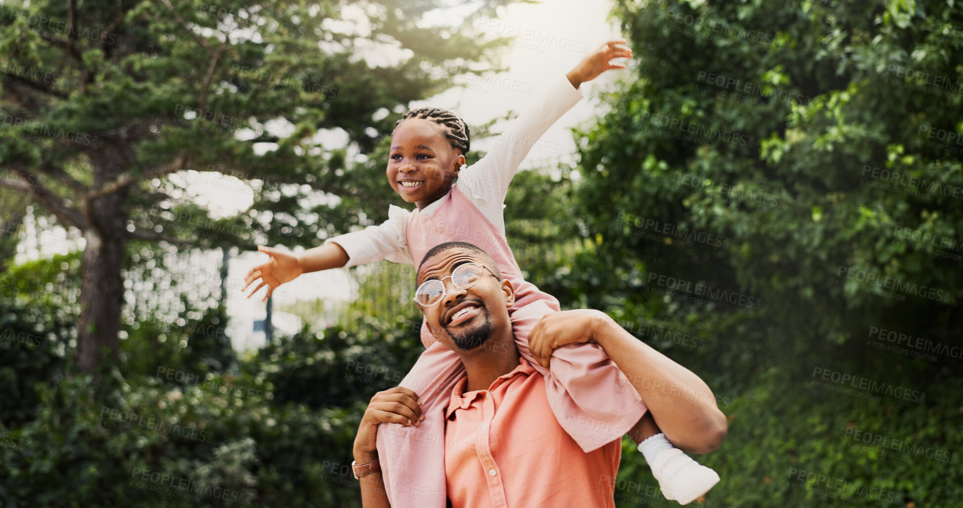 Buy stock photo Outdoor, black family and father with kid for carry, playful and bonding together with connection. Nature, dad and girl on shoulders for airplane game, childhood and freedom with happiness in park