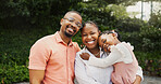 Outdoor, black family and girl with hug in portrait, carrying and bonding together with smile. Father, mother and child in nature for holiday, weekend fun and love with connection for happiness