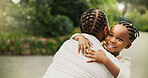 African mother, happy child and hug outdoor for love, care and together with family affection for connection. Parent, girl and embrace kid at park with mom for support, trust or reunion with daughter