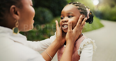 Buy stock photo Love,  bonding and black mother with daughter in park for support, trust and smile. Embrace, happiness and care with woman and girl on family trip outdoor for peace, comfort and affection together