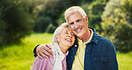 Love, happy and senior couple hug in park for support, trust and relaxing together outdoors in morning. Portrait, nature and man and woman laugh and embrace for bonding, relationship and romance