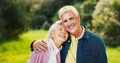 Buy stock photo Love, happy and senior couple hug in park for support, trust and relaxing together outdoors in morning. Portrait, nature and man and woman laugh and embrace for bonding, relationship and romance