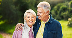 Portrait, happy and senior couple hug in park for support, trust and relaxing together outdoors in morning. Love, nature and man and woman laugh and embrace for bonding, relationship and romance