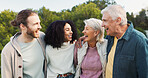 Outdoor, couple and parents with hug for laughing, funny conversation or bonding together as family. Park, men and women with happiness for love embrace, relationship or connection on weekend holiday