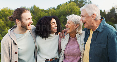 Buy stock photo Outdoor, couple and parents with hug for laughing, funny conversation or bonding together as family. Park, men and women with happiness for love embrace, relationship or connection on weekend holiday