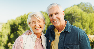 Buy stock photo Outdoor, old couple and portrait with hug for love, bonding together and connection in healthy relationship. Nature, man and woman with smile for embrace, senior marriage and care on weekend holiday