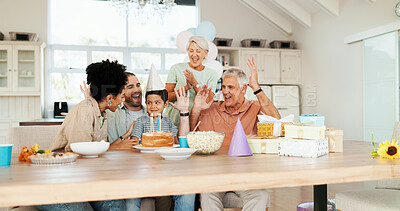 Buy stock photo Birthday, home and parents with child celebrate at lunch party, gathering and event together for surprise. Family, grandparents and happy boy, mom and dad with dessert, candles and cake in house