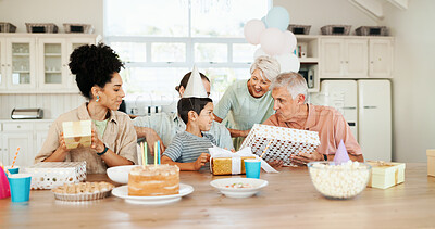 Buy stock photo Birthday, presents and parents with child and cake for lunch party, celebration and event together. Family, grandparents and happy boy, mom and dad with dessert, candles and food for surprise in home
