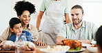 Love, bonding and lunch with big family in dining room for smile, food and nutrition. Support, happiness and grandparents with child and parents eating at home for relax,  serving and health