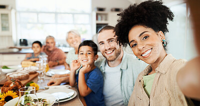 Buy stock photo Love, selfie and lunch with big family in dining room for photography, food and nutrition. Picture, happiness and grandparents with child and parents at home for relax,  memory and health portrait