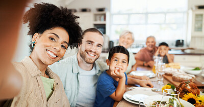 Buy stock photo Smile, selfie and lunch with big family in dining room for photography, food and nutrition. Picture, happiness and grandparents with child and parents at home for relax,  memory and portrait