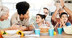 Birthday, home and parents with children and cake for lunch party, celebration and event together. Family, grandparents and happy boy, mom and dad with dessert, candles and food for surprise in house